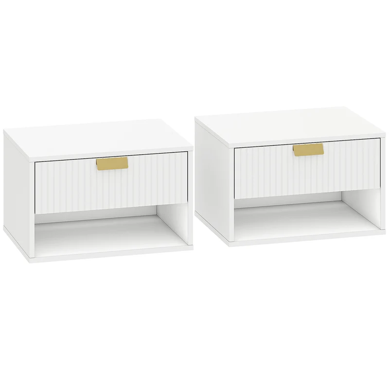 Lot de 2 tables de chevet suspendues 40 x 30 x 25 cm tiroir et étagère moderne épuré en panneau de particules blanc 21_0003782