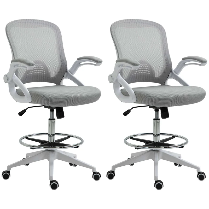 Lot de 2 fauteuils de bureau assise haute réglable 64 x 60 x 106-126 cm pivotant 360° confortable moderne en maille gris 21_0006347
