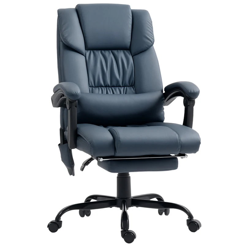 Fauteuil de bureau massant 66 x 75 x 122 cm dossier inclinable 130° repose-pieds extensible moderne en polyuréthane bleu 21_0006181