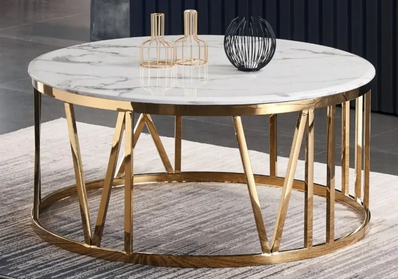 Table basse ronde dorée marbre blanc - Geva