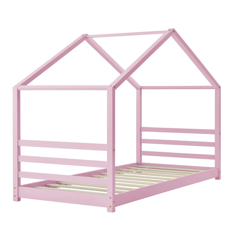 Lit pour enfant cabane maison avec sommier à lattes bois de pin rose 90 x 200 cm 03_0005508