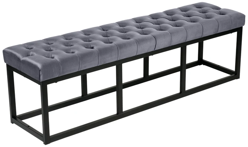 Banquette capitonné bout de lit en tissu velours gris support en métal noir 150 cm BAN10114