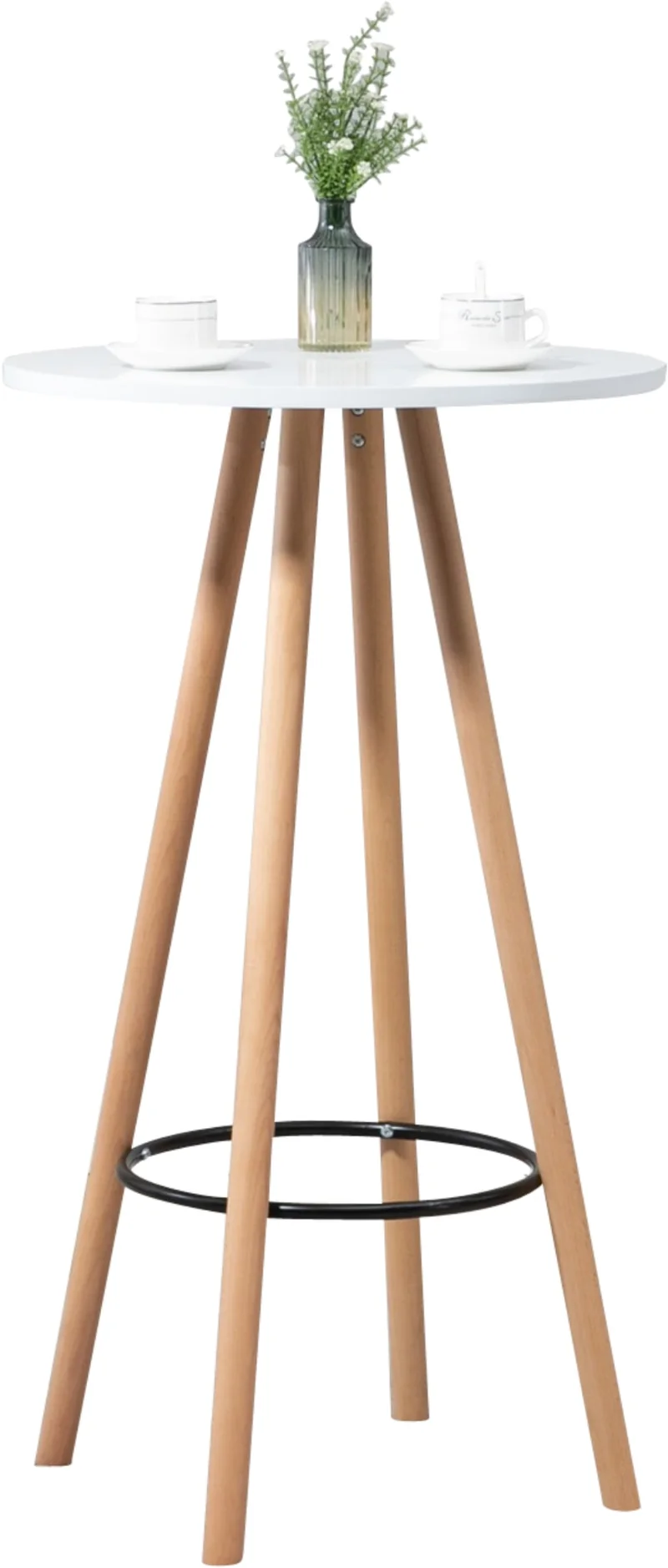 Table haute ronde avec repose-pieds hauteur 107 cm en MDF blanc design scandinave TAB10068
