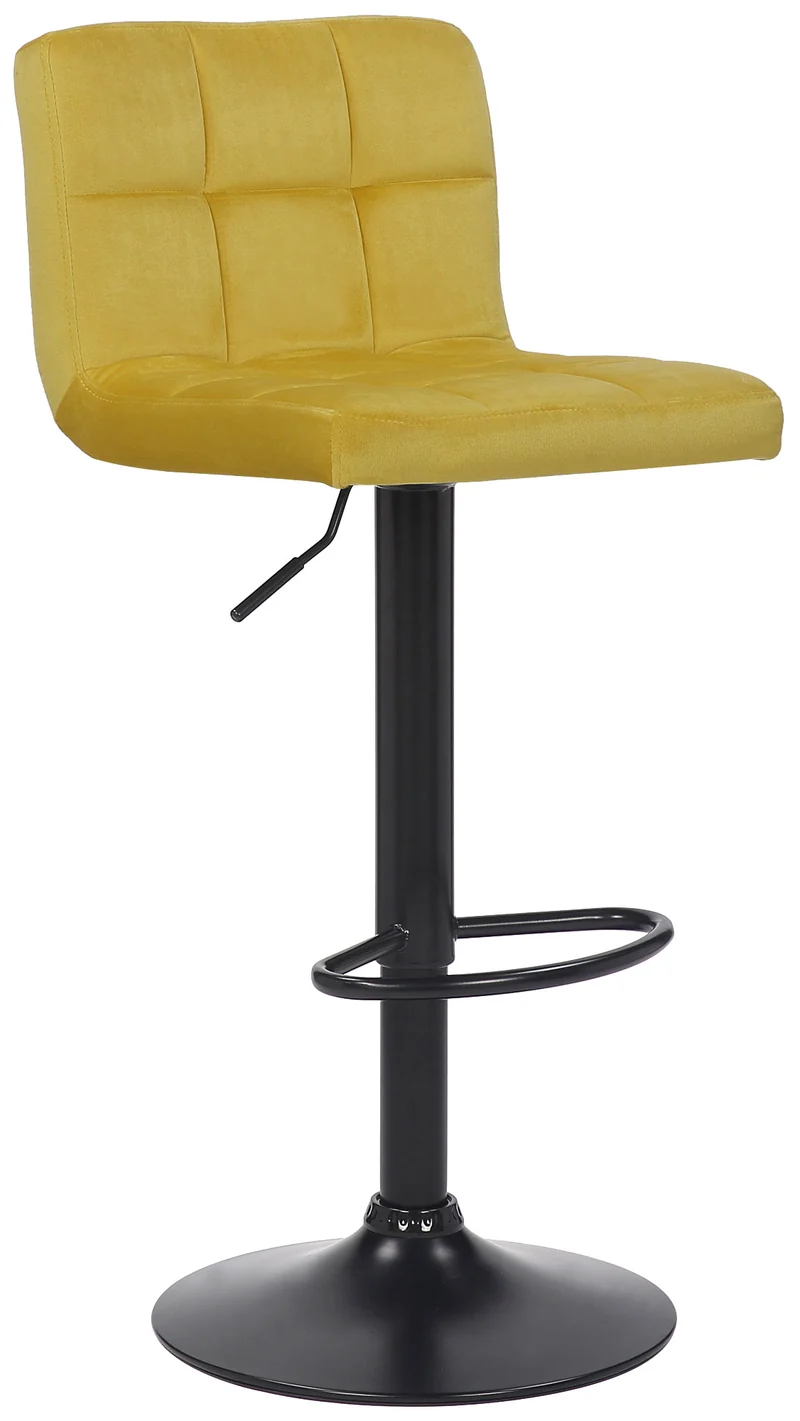 Tabouret de bar en velours jaune avec pieds en métal noir assise rembourée repose-pieds pivotant TDB10182