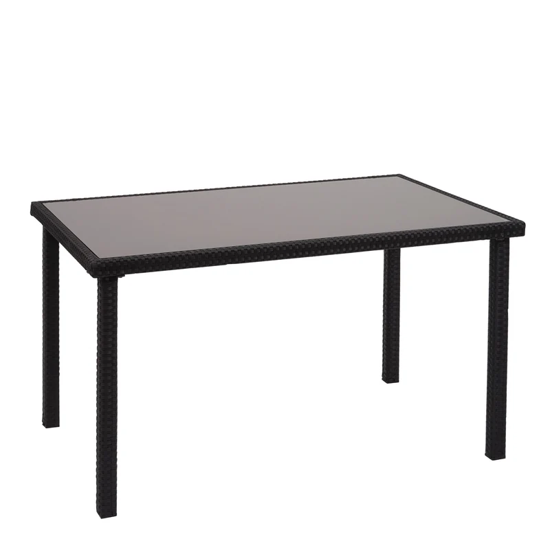 Table en polyrotin plateau en verre pour balcon jardin terrasse 120x75cm noir 04_0005084