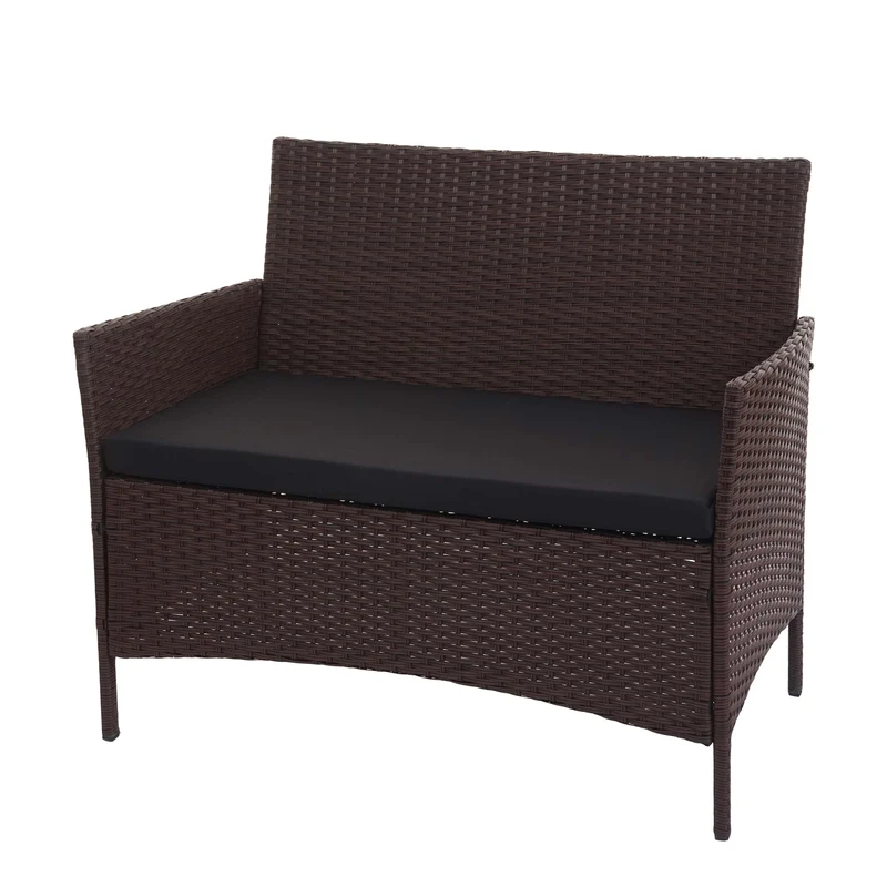 Banc de jardin balcon terrasse en polyrotin marron oreiller noir 04_0001112