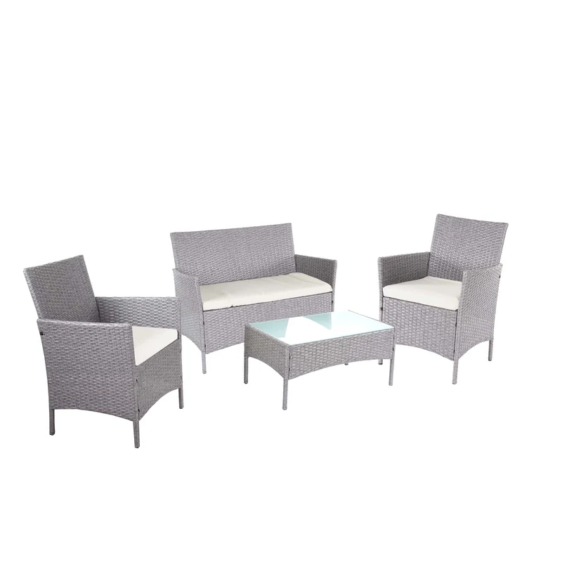 Ensemble de salon de jardin avec canapé fauteuils et table en polyrotin gris coussins crème 04_0000057