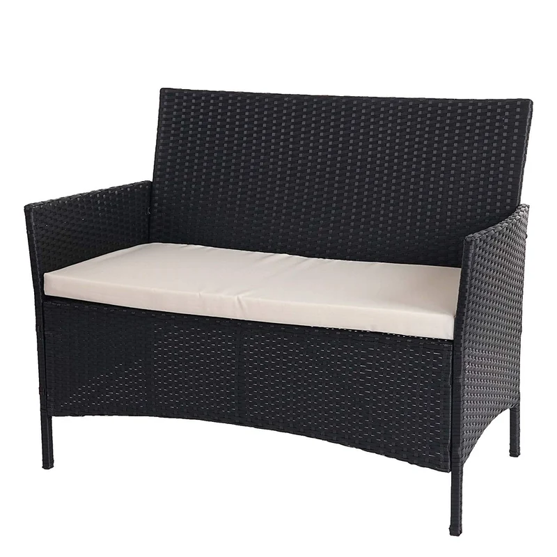 Banc de jardin banquette en polyrotin anthracite chiné avec coussin crème MDJ04134