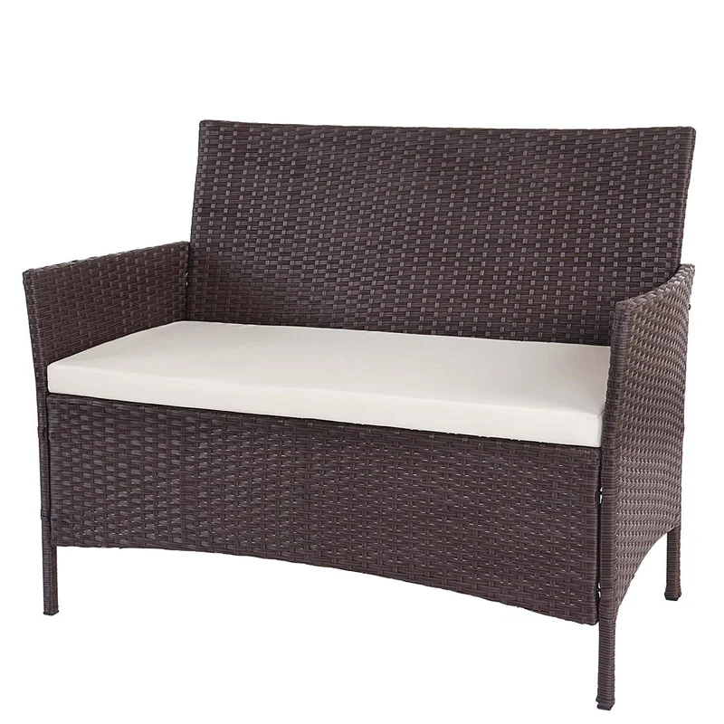 Banc de jardin banquette en polyrotin marron chiné avec coussin crème MDJ04136