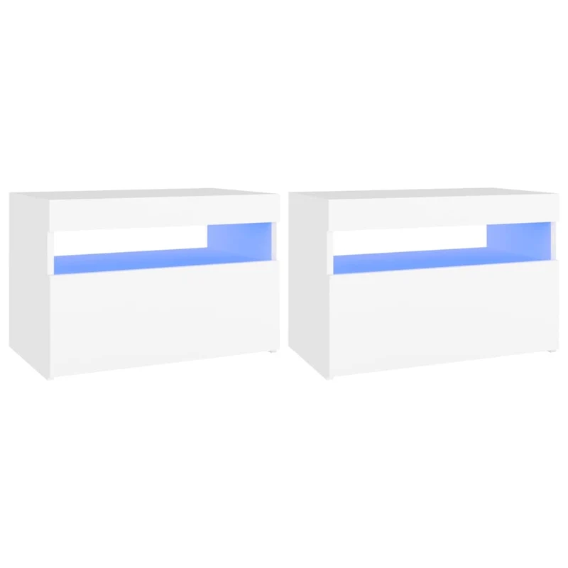 Lot de 2 tables de chevet avec lumières LED et compartiment avec porte 60 x 35 x 40 cm bois d'ingénierie blanc DEC035933