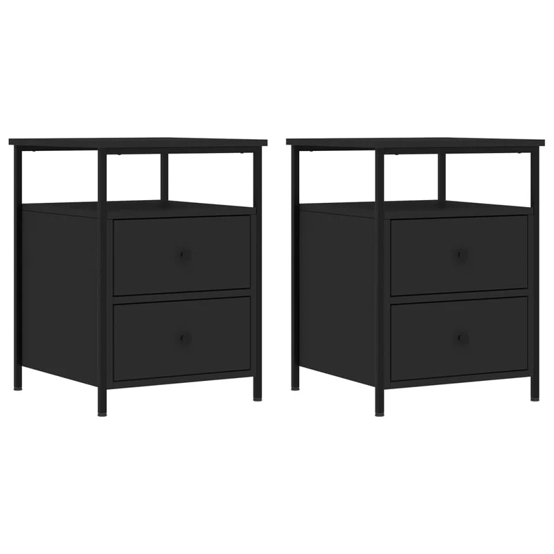 Lot de 2 tables de chevet avec tiroirs et étagère 44 x 45 x 60 cm bois d’ingénierie et fer noir DEC035600