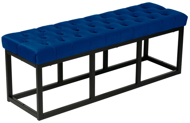 Banquette banc bout de lit longueur 120 cm en velours capitonné en velours bleu et métal noir 10_0003666