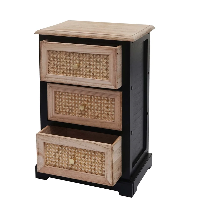 Commode meuble de rangement avec 3 tiroirs en bois noir et rotin 63x40x28 cm 04_0006510