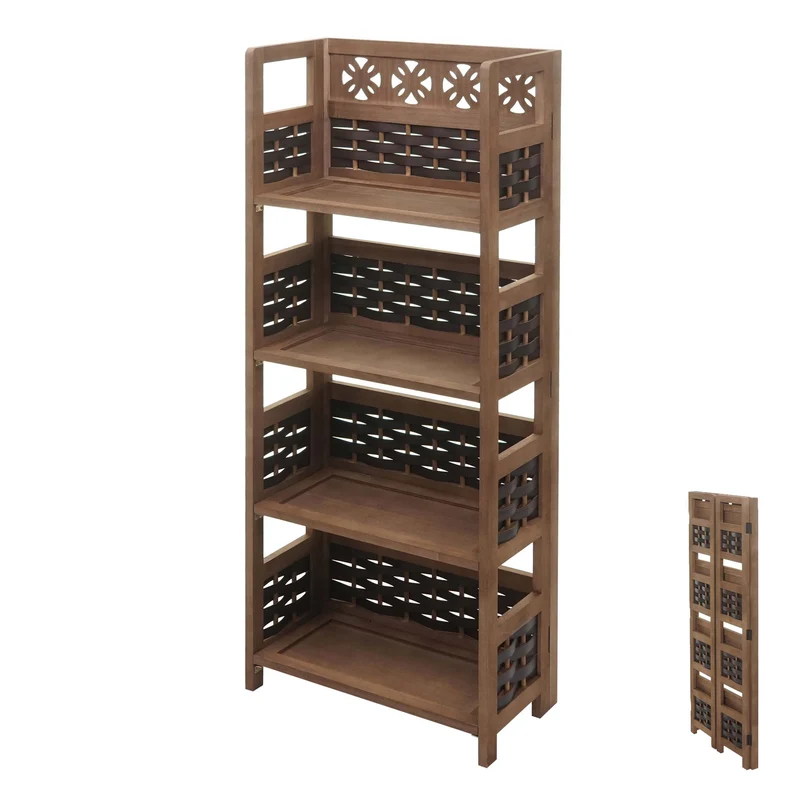 Étagère sur pied pliable 4 niveaux cadre en bois tissage en polyrotin 110 cm marron foncé 04_0008646