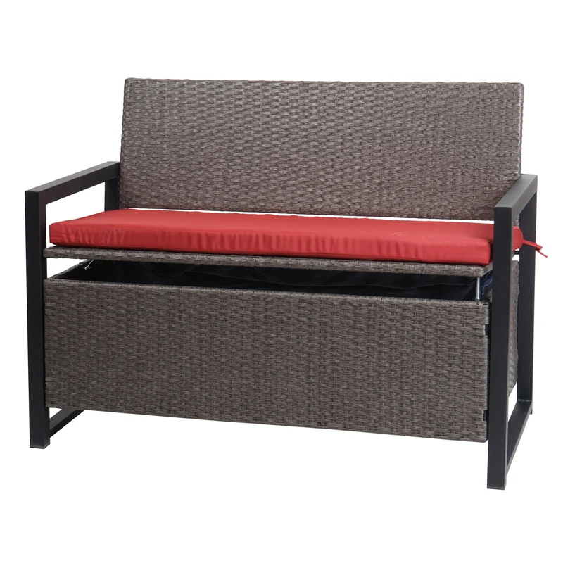 Banc 2 places en polyrotin hwc-f39 banc de jardin coffre banc compartiment de rangement coussin de siège de rangement coussin gris chiné rouge 04_0005796