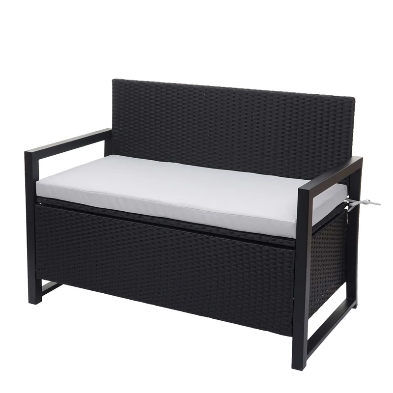 Banc de jardin 2 places en polyrotin anthracite avec compartiment de rangement coussin d'assise gris 04_0004189