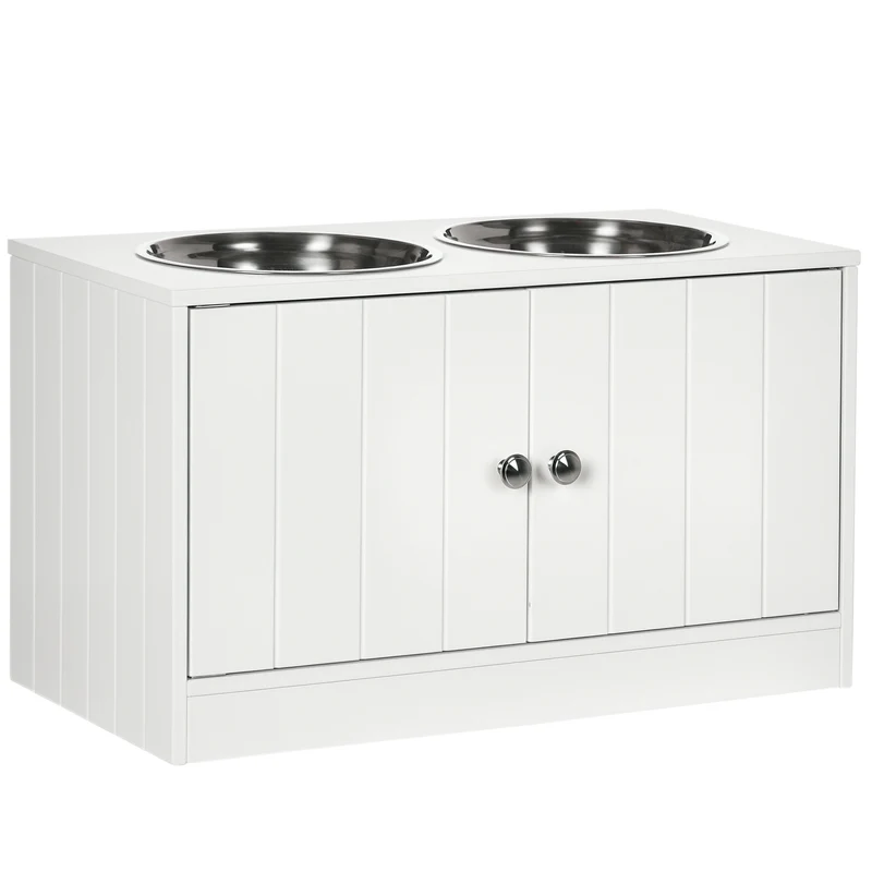 Porte-gamelles surélevé double pour chien 60 x 30 x 35.5 cm améliore posture rangement intégré moderne en MDF blanc 21_0007538