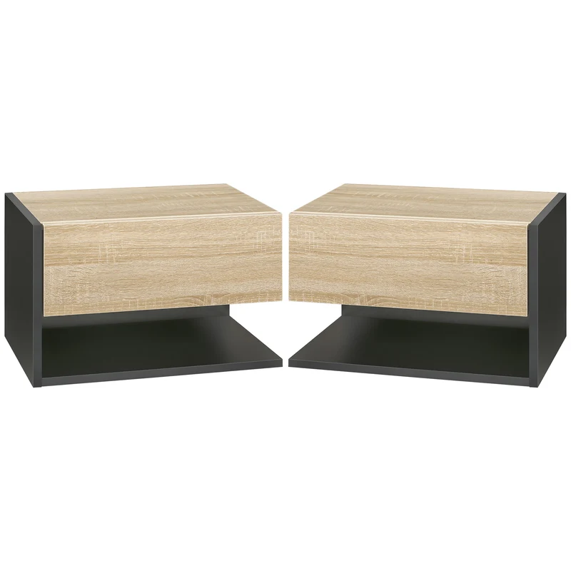 Lot de 2 tables de chevet murales flottantes 46 x 30 x 30 cm tiroir coulissant design en panneaux de particules noir 21_0001460