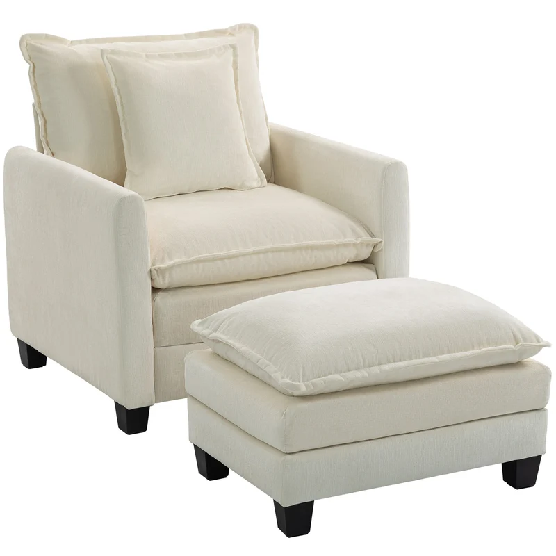 Fauteuil de salon avec pouf 85 x 128 x 86 cm assise large 67 cm rembourrage double couche contemporain en chenille crème 21_0003629