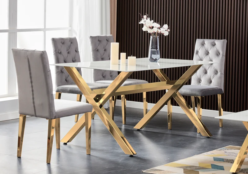 Table marbre blanc et 4 chaises X dorées - Cross