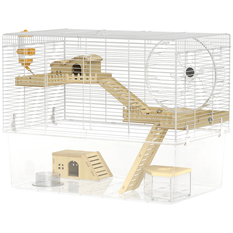 Cage à hamster 3 niveaux 59 x 35,5 x 47 cm bac profond amovible 18 cm roue 23,5 cm moderne épuré en fil d'acier blanc 21_0008011