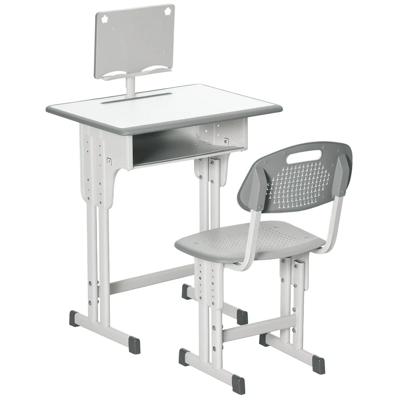 Bureau et chaise enfant réglable 60 x 45 x 90-102 cm avec casier et support livre pour chambre moderne épuré en MDF gris 21_0000192