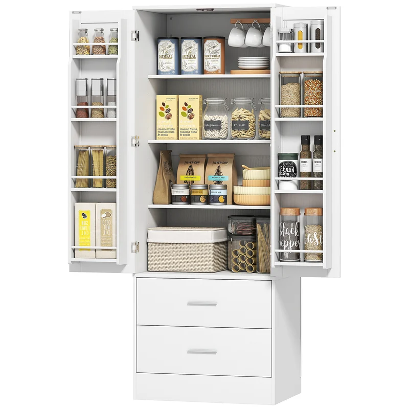 Buffet haut de cuisine 60 x 40 x 159 cm rangement très polyvalent porte-épices intégré contemporain épuré en MDF blanc 21_0003360