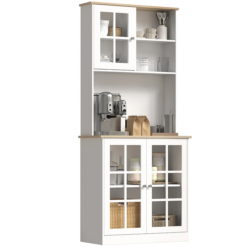 Buffet de cuisine vitrine 3 portes 80 x 37 x 183 cm rangement optimisé plan de travail design contemporain en MDF blanc 21_0002191