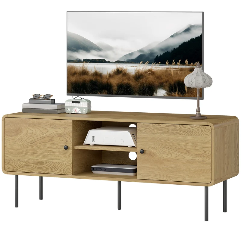 Meuble télé bas pour salon 120 x 40 x 50 cm grand rangement et coins arrondis sécurisés scandinave moderne en MDF chêne 21_0003547