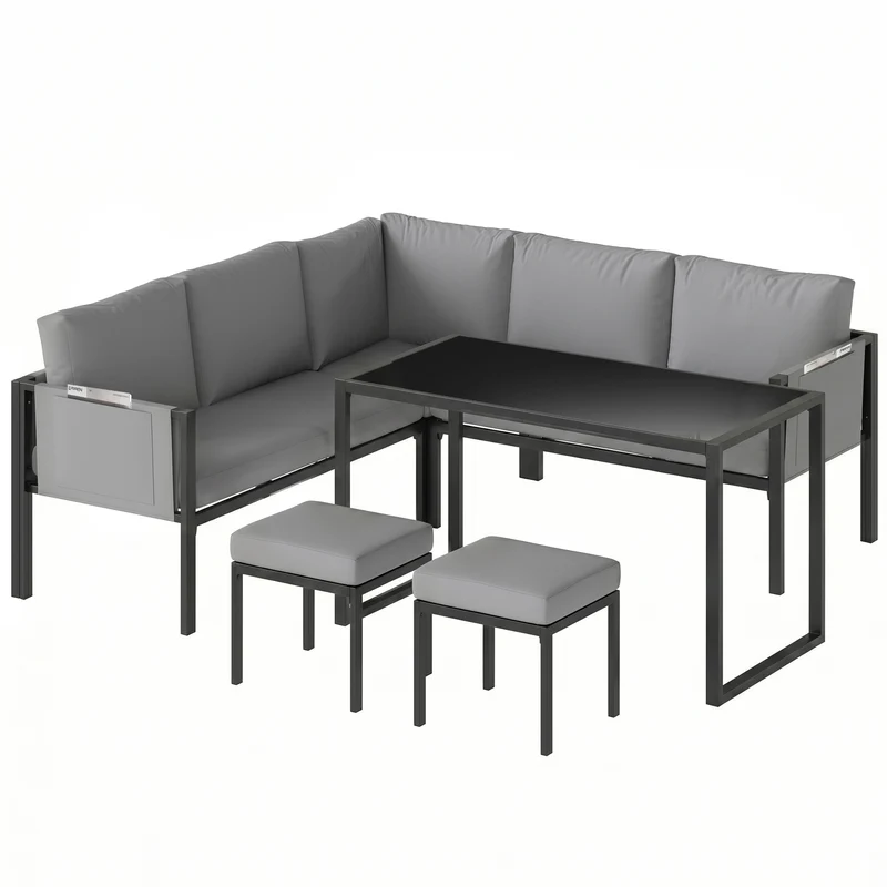 Lot de 6 salon de jardin canapé d'angle 181 x 181 x 61 cm coussins 10 cm poche accoudoir contemporain en acier gris 21_0005362