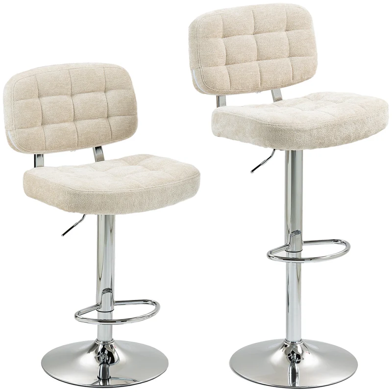 Lot de 2 tabourets de bar à dossier 51 x 45 x 94-115 cm réglables pivotants 360° pour îlot moderne en polyester beige 21_0003285