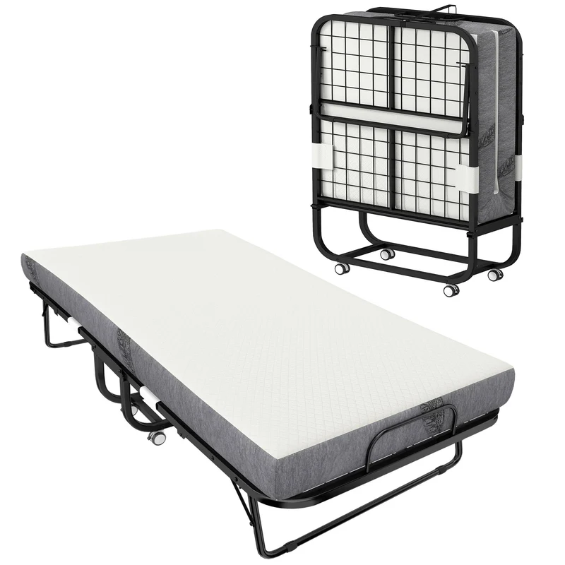 Lit pliant 1 personne d'appoint 200 x 80 x 42.5 cm gain de place avec roulettes freins moderne épuré en métal blanc 21_0001515