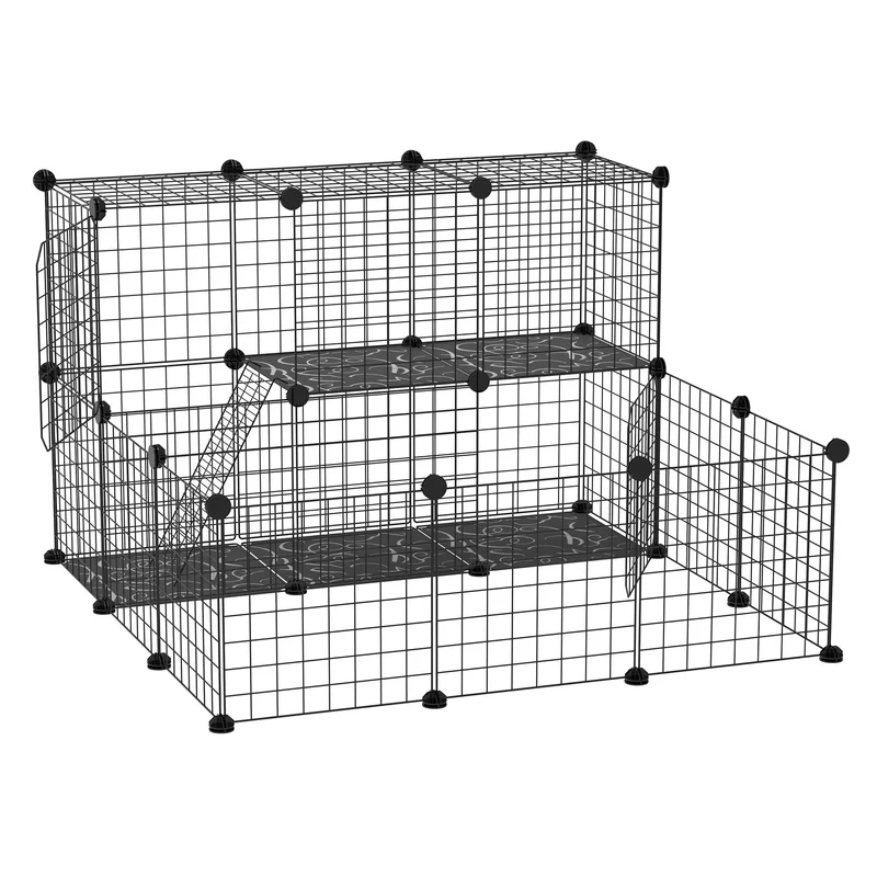 Enclos modulable pour petits animaux 105 x 105 x 70 cm sécurité maillage dense 2 niveaux design moderne en acier noir 21_0007932