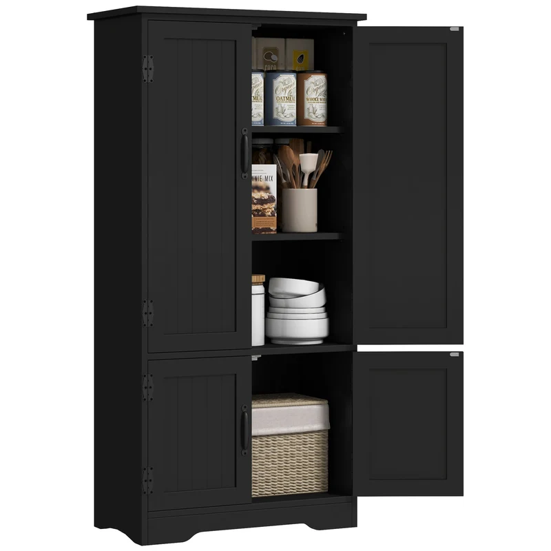 Buffet de cuisine multi rangements 60 x 30 x 123 cm poignées pratiques sécurité anti basculement contemporain en MDF noir 21_0002614