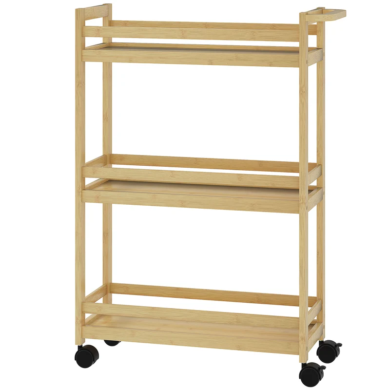 Étagère de rangement avec roulettes salle de bain 55 x 20 x 75 cm gain de place avec freins scandinave en bambou naturel 21_0002050