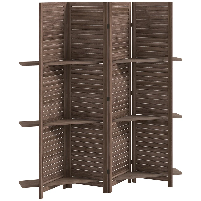 Paravent intérieur séparateur de pièce salon 160 x 2 x 170 cm pliable avec 3 étagères rustique en bois de paulownia noyer 21_0001227