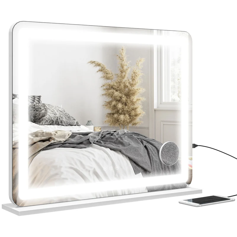 Miroir lumineux mural ou sur table 80 x 62 x 14 cm éclairage 3 modes miroir grossissant 10x moderne épuré en verre blanc 21_0000787