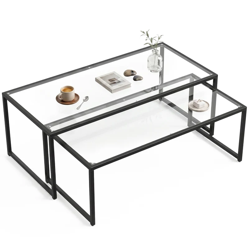 Lot de 2 tables basses gigognes salon 119 x 56 x 44,5 cm gain de place modulables design moderne en verre trempé noir 21_0003122