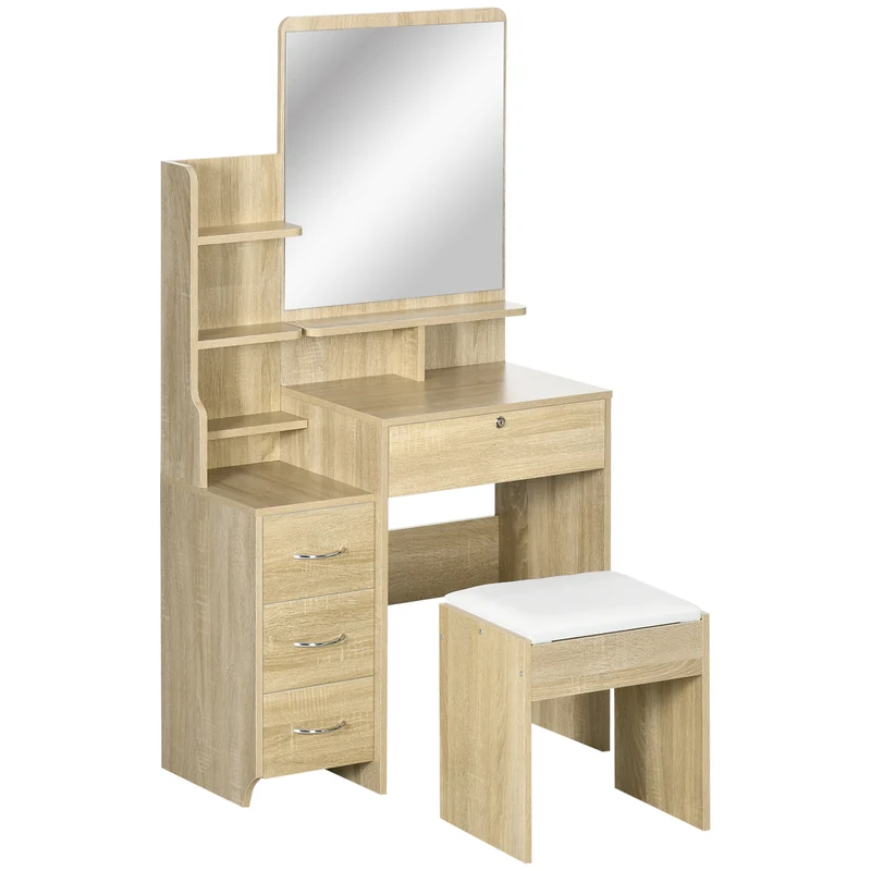 Ensemble coiffeuse avec tabouret 80 x 38 x 143 cm rangement 4 tiroirs style moderne en panneau de particules bois naturel 21_0001507