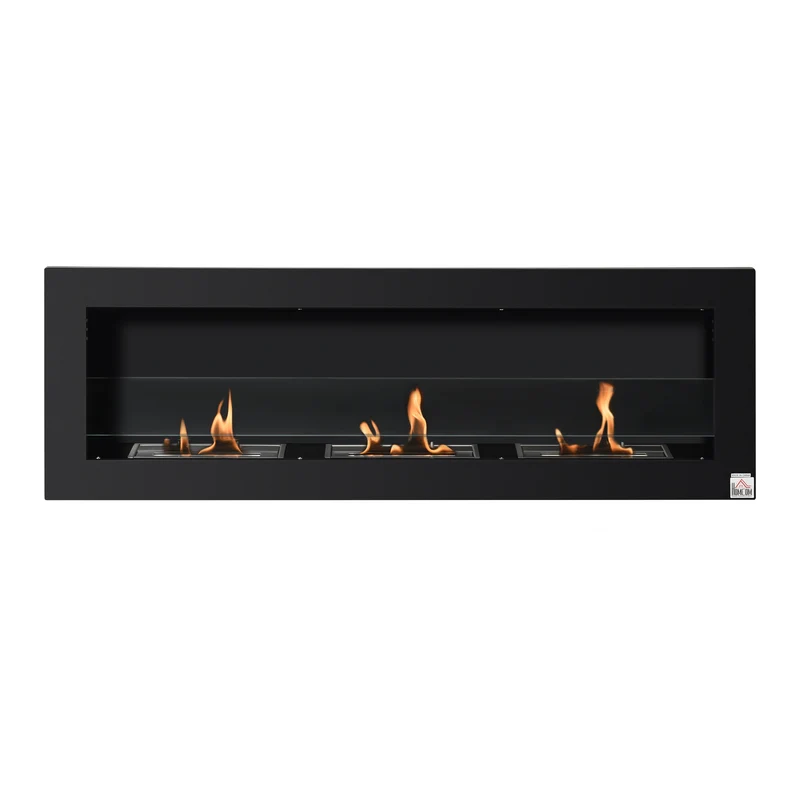 Cheminée bioéthanol murale encastrable 120 x 15 x 40 cm chauffe d'appoint sécurité anti-fuite design épuré en acier noir 21_0001115