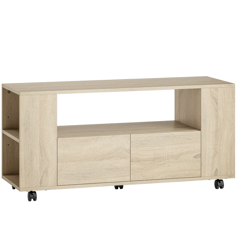 Meuble tv à roulettes 102 x 34,5 x 48,5 cm 2 tiroirs 5 étagères réglables moderne cosy en panneau de particules naturel 21_0003592