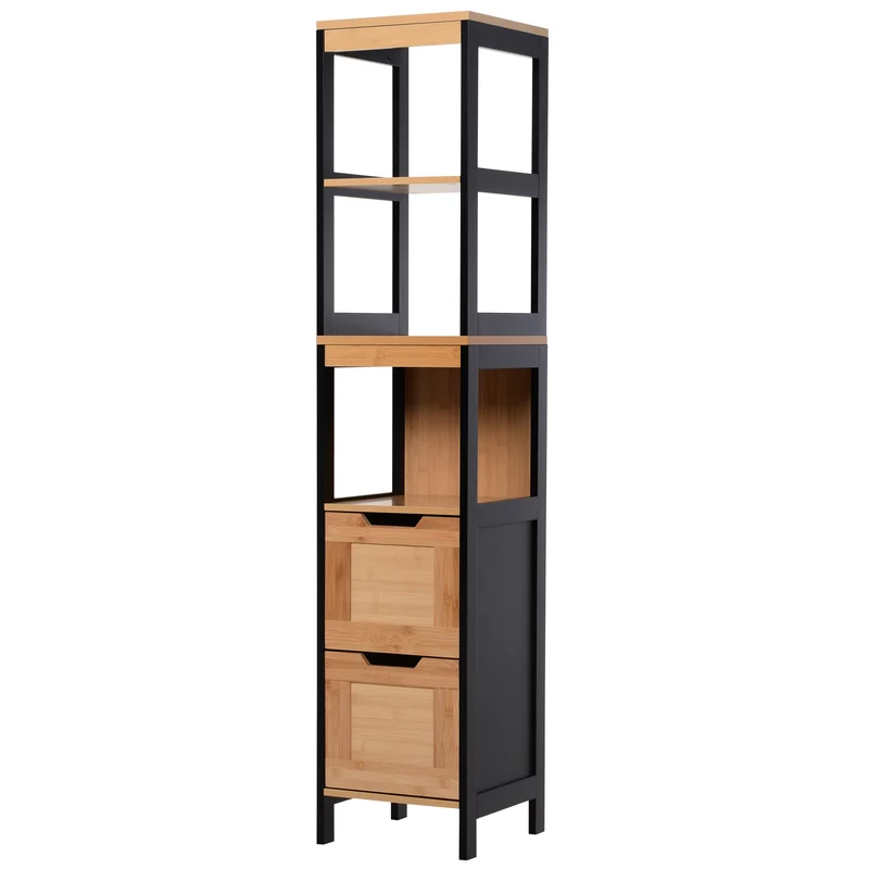 Meuble colonne rangement salle de bain 30 x 30 x 144 cm 3 étagères 2 tiroirs compact design tendance en bambou marron 21_0001858