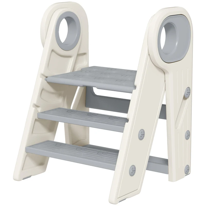 Marche pied pour enfant pliable réglable 2-3 marches 46,5 x 47 x 61,5 cm antidérapant compact moderne en plastique gris 21_0000263