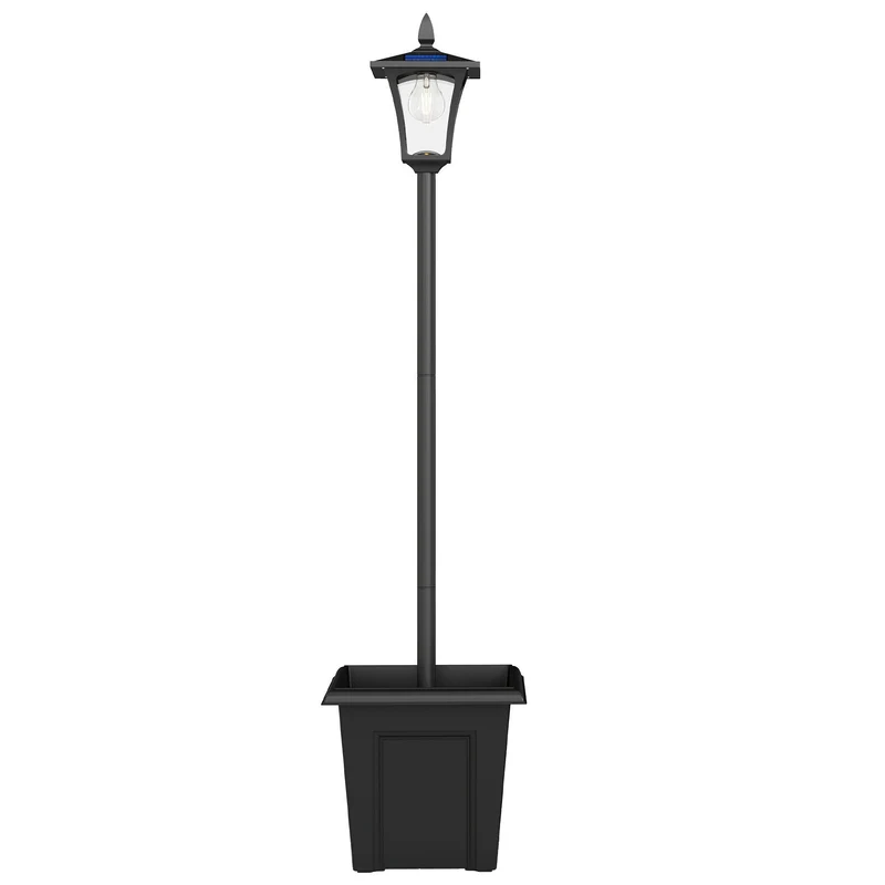 Lampadaire solaire jardin avec jardinière 33 x 33 x 160 cm éclairage automatique stable étanche vintage en aluminium noir 21_0006997