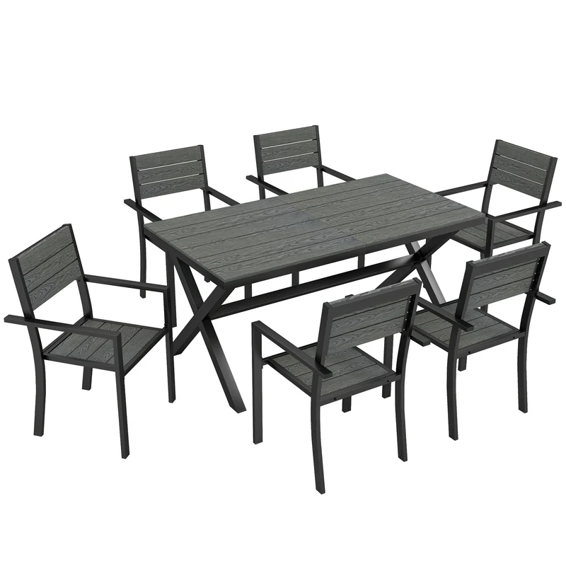 Ensemble repas extérieur 7 pièces pour 6 160 x 86 x 72 cm chaises empilables pieds réglables moderne en aluminium gris 21_0005378