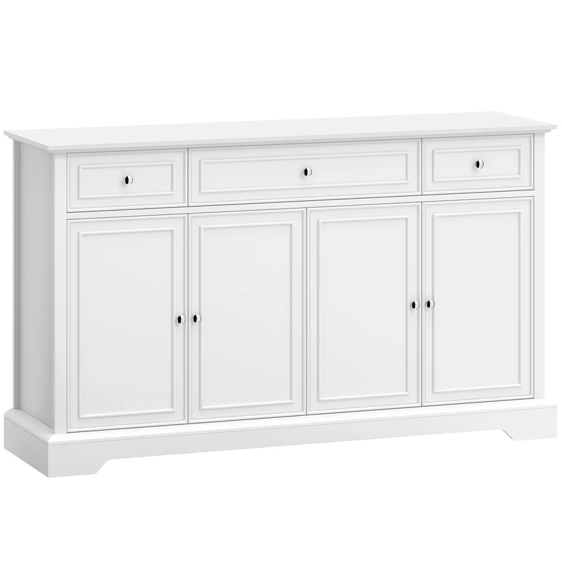 Buffet salon 136 x 38 x 80 cm 3 tiroirs 4 portes fermeture douce étagères réglables contemporain polyvalent en MDF blanc 21_0003666