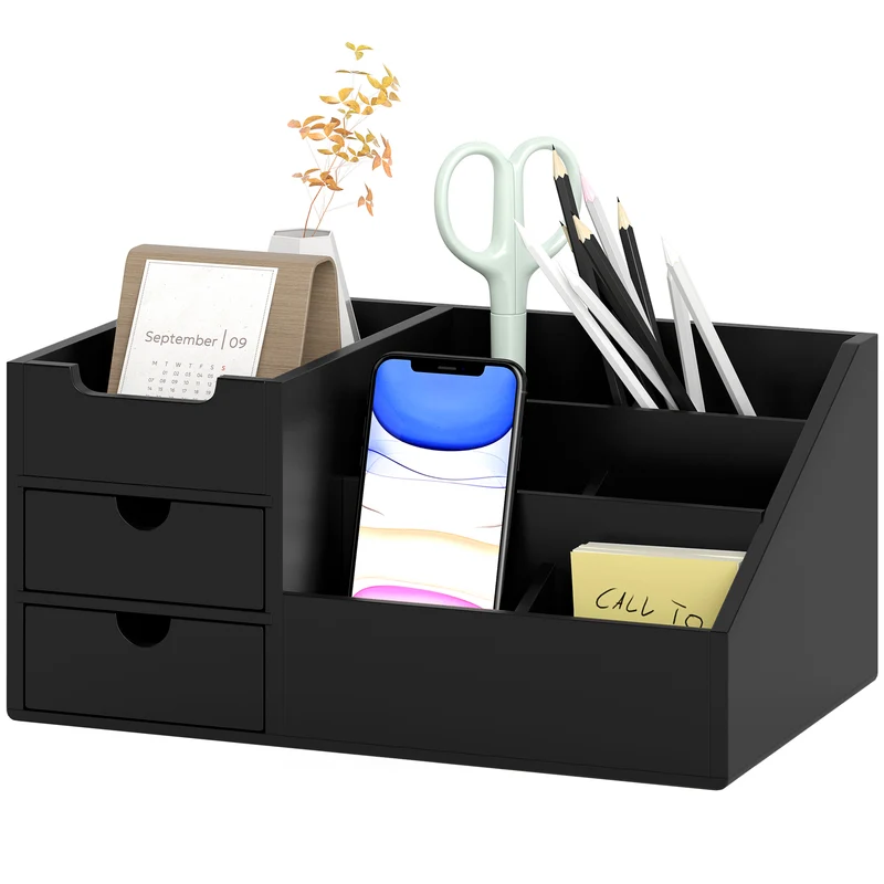 Boîte de rangement bureau 33 x 20 x 15 cm 7 compartiments 2 tiroirs compacte multifonction design épuré en bambou noir 21_0001733