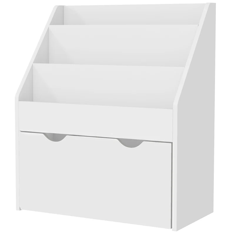 Bibliothèque pour enfants rangement 62.5 x 30 x 70 cm tiroir roulant étagères sécurisées style scandinave en MDF blanc 21_0000156