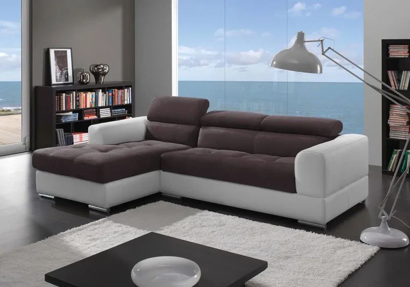 Canapé d'angle modulable cuir blanc tissu marron - Alexa