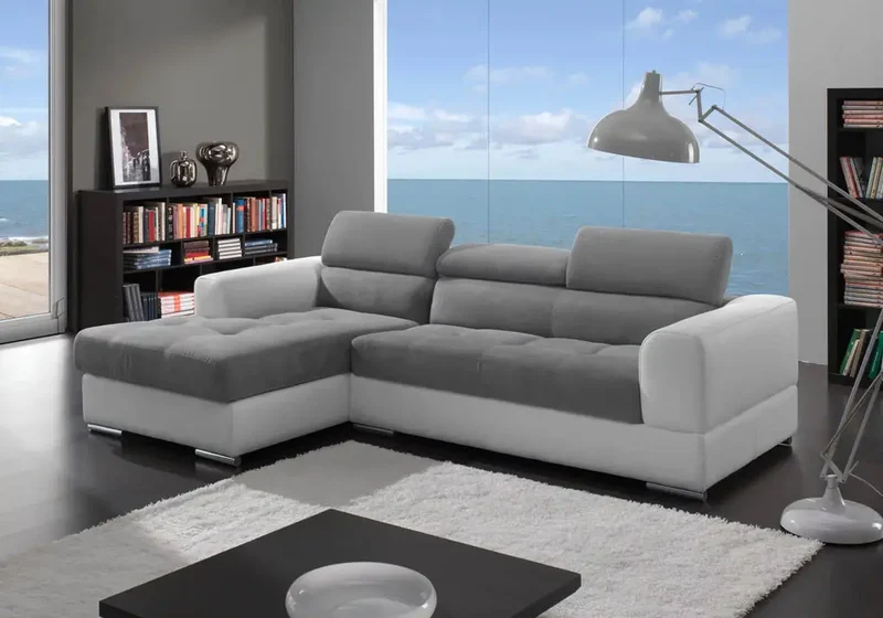 Canapé d'angle modulable cuir blanc tissu gris - Alexa